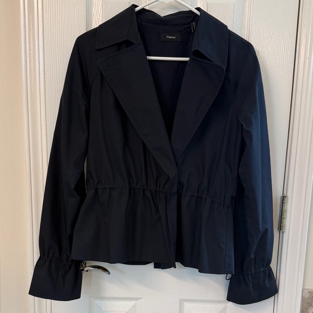 Theory Navy Drawstring-Peplum Trench Jacket